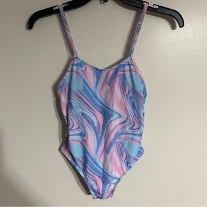 New Girls SHEIN Pink &‎ Blue Swirl Print One Piece Swimsuit Size 10 Youth
